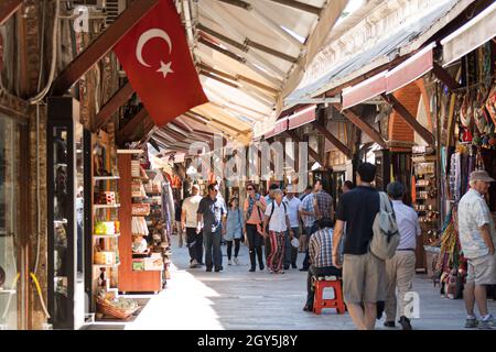 Istanbul, Turkey; May 26th 2013: Street market with wooden stalls. Stock Photo