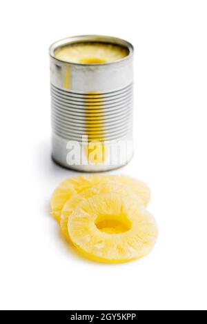 Canned sliced pineapple fruit isolated on white background. Stock Photo