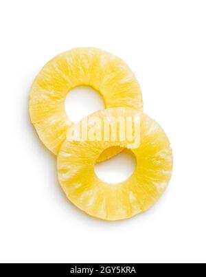 Canned sliced pineapple fruit isolated on white background. Stock Photo