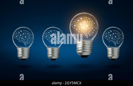 different Light bulb idea Many bulbs are arranged in a row and one of them is illuminated. Concept idea Stock Photo