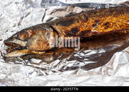 grilled makarel on alu foil Stock Photo