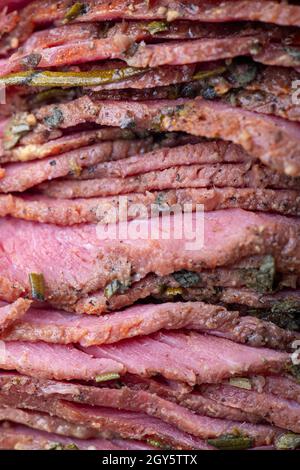 stack of sliced pastrami meat Stock Photo