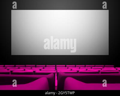 Cinema movie theatre with pink velvet seats and a blank white screen. Copy space background Stock Photo