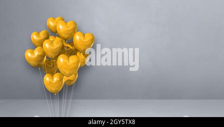 Yellow balloons bunch on a grey wall background. Horizontal banner. 3D ...