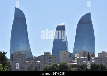 Baku.Azerbaijan.May 22,2018.Flame Tower.It is located on a hill, and is visible from all directions in the city. Stock Photo