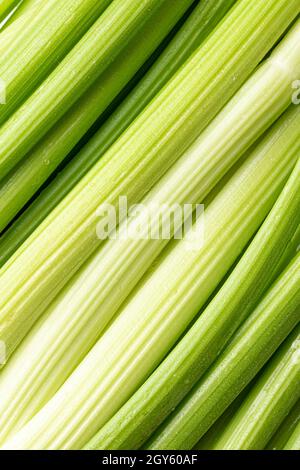 Close up shot of bright green celery stalks in a diagonal pattern Stock Photo