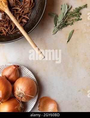 Raw onions, caramelized onions, and fresh herbs shot on a beige marble countertop Stock Photo