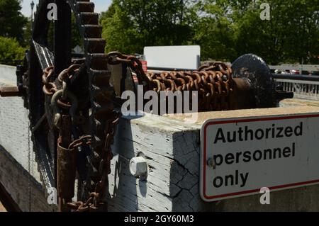 A closeup of an old gear for working the locks on the Rideau Canal in Smiths Falls, Ontario. Stock Photo