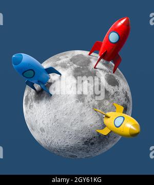 Cartoon Spaceships Landed on the Moon Isolated on Flat Blue Background 3D Illustration, Moon Colonization Concept Stock Photo