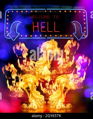 Welcome To Hell Neon Sign With Flames Compoet Stock Photo