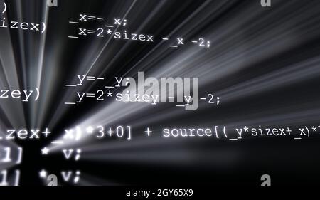 Colorful digital binary data digits and streaming binary code background with light beams. Stock Photo