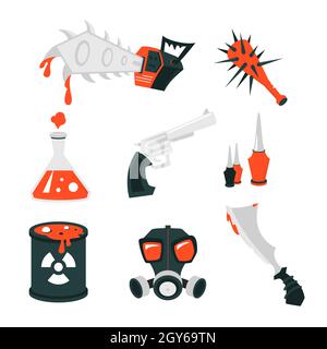 Happy Halloween - colorful set of isolated objects on white background. Traditional autumn holiday elements. Black and red images of weapon, chainsaw Stock Vector