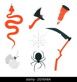 Happy Halloween - colorful set of isolated objects. Traditional autumn holiday elements. Black, red images of a snake, ax, scythe, garlic, spider, woo Stock Vector
