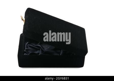 Black velvet jewelry box on an isolated white background Stock Photo