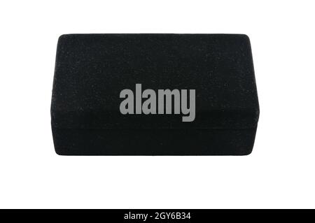 Black velvet jewelry box on an isolated white background Stock Photo