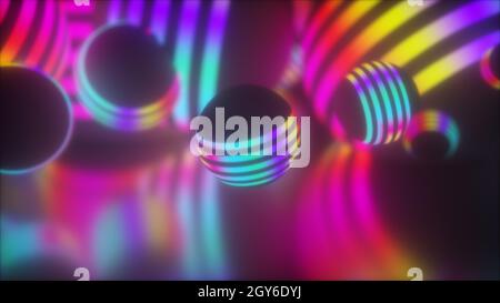 Creative geometric tracery of large 3d render balls spinning in space. Bright planets shape in digital concept of global decoration movement in hazy c Stock Photo