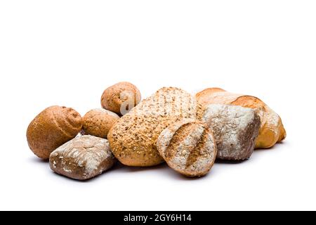 assortment of baked bread on white background Stock Photo