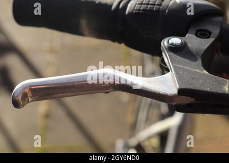 Selective focus show at the handbrake lever on a bicycle Stock Photo