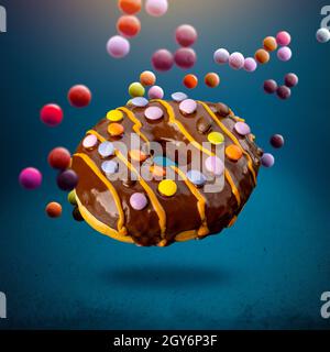 Flying delicious donut with firecracker on blue background Stock Photo