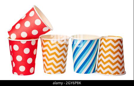 Paper disposable cups with colored pattern isolated on white background Stock Photo