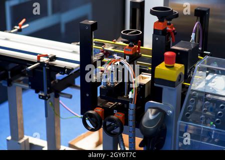 Sticker label printer. Barcode digital printer and applicator machine Stock Photo