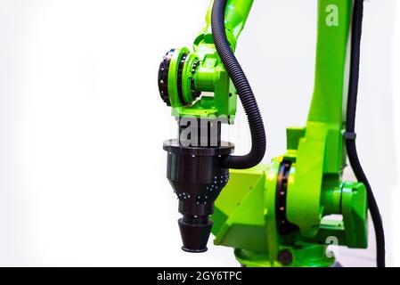 Augmented reality for industry concept. Robotic and Automation system control application on automate robot arm in white background. Stock Photo