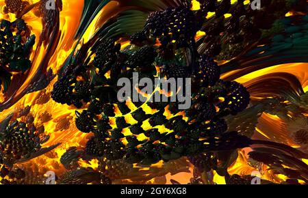lava fractal world surrounded by geometric shapes. Lava landscape background. 3d rendering. Stock Photo