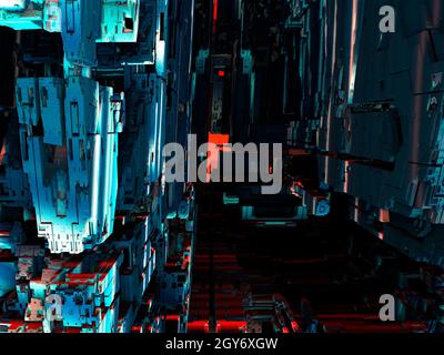 Space storage for cargo. Modern empty dark storehouse with light at the end. 3d rendering. Stock Photo