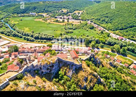 Knin fortress on the rock and Krka river aerial view, second largest fortress in Croatia Stock Photo