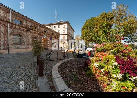 Cuneo, Piedmont, Italy - October 6, 2021: Piazza Torino with Faculty of Agriculture building  and The building of the Cuneo police headquarters Stock Photo