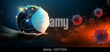 Earth wearing a surgeon mask to fight against Corona virus or COVID-19 on abstract background. World Corona virus attack and Earth Day concept. Stock Photo