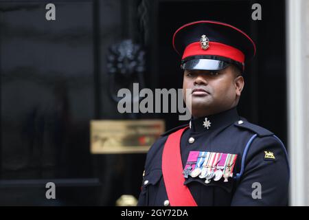 Colour Sergeant Johnson Beharry, VC outside 10 Downing Street, London.Picture date: Thursday October 7, 2021. Stock Photo