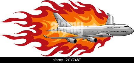 illustration of civil aircraft with flames Stock Photo