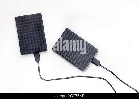 External hard disk drive isolated on white background, modern design for storage computer, laptop. Copy space,top view space for text Stock Photo