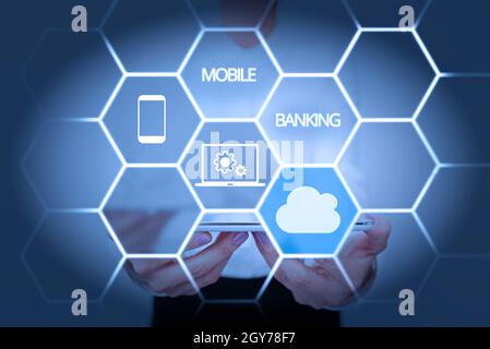 Text showing inspiration Mobile Banking, Business concept to create financial transactions with the use of smartphone Stock Photo