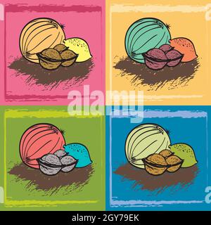 Set of Fruits - Melon, Walnuts and Lemon - 4 Hand drawn Digital Illustrations, Vegetarian Vegan Healthy Natural Food Icons on different Backgrounds Stock Vector