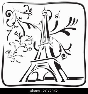 Illustration Drawing of the Eiffel Tower in Paris with Foliage and Frame in Black and White, Hand Drawn Design Stock Vector