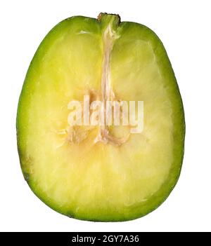 closeup cross section of ambarella or june plum, slice of an edible fruit isolated on white background, macro Stock Photo