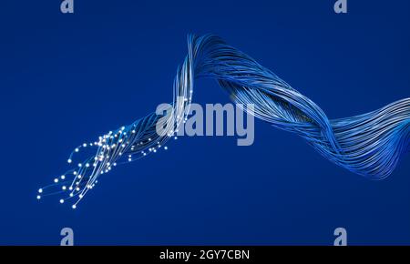 fiber optic cables with luminous terminations. concept of fast internet, telecommunication. 3d render. Stock Photo