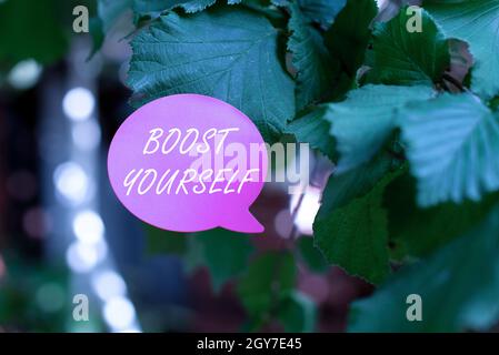 Conceptual display Boost Yourself, Word for delivering a lift up to someone making them energetic again Thinking New Bright Ideas Renewing Creativity Stock Photo