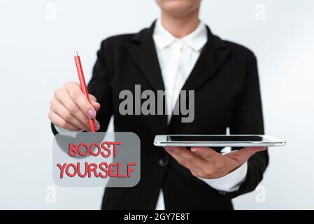 Writing displaying text Boost Yourself, Business showcase delivering a lift up to someone making them energetic again Presenting New Technology Ideas Stock Photo