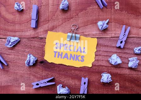 Sign displaying Special Thanks, Word Written on appreciating something or someone in a most unique way Colorful Perpective Positive Thinking Creative Stock Photo