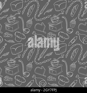 Cooking hand drawn background. Preparing food doodles on grey background. Vector illustration. Stock Vector