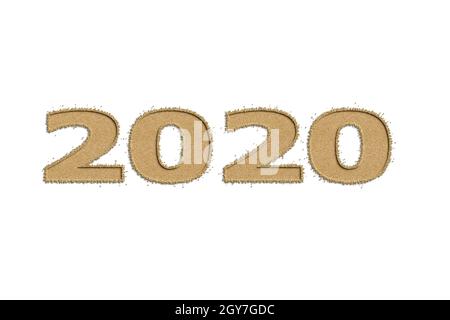 Happy New Year 2020 logo with sand design. Cover of business diary for 2020 with wishes. Brochure design template, card, banner. On a white background Stock Photo