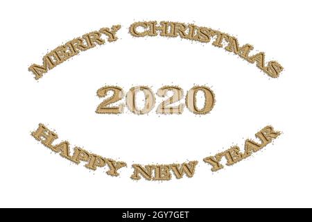 Merry Christmas & Happy New Year 2020 logo with sand design. Cover of business diary for 2020 with wishes. Brochure design template, card, banner. On Stock Photo