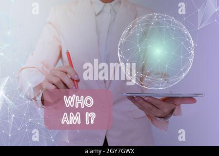 Conceptual caption Who Am I Question, Concept meaning asking about self identity or an individualal purpose in life Inspirational business technology Stock Photo