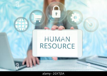 Hand writing sign Human Resource, Concept meaning a critical department handling the staffing and employees concern Business Woman Sitting In Office H Stock Photo
