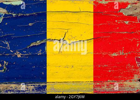 3D Flag of Romania on old wood wall background. Stock Photo