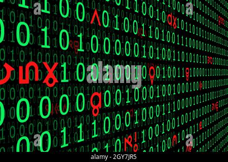 The binary code in databases are hit by hacking. Stock Photo