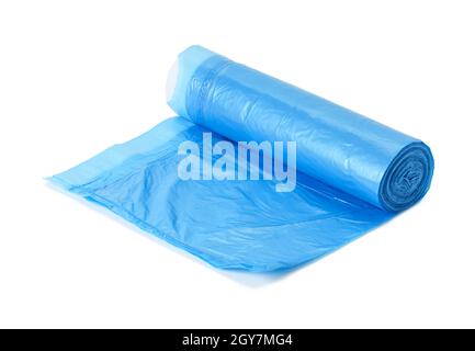 blue plastic trash bags with strings isolated on white background, close up Stock Photo